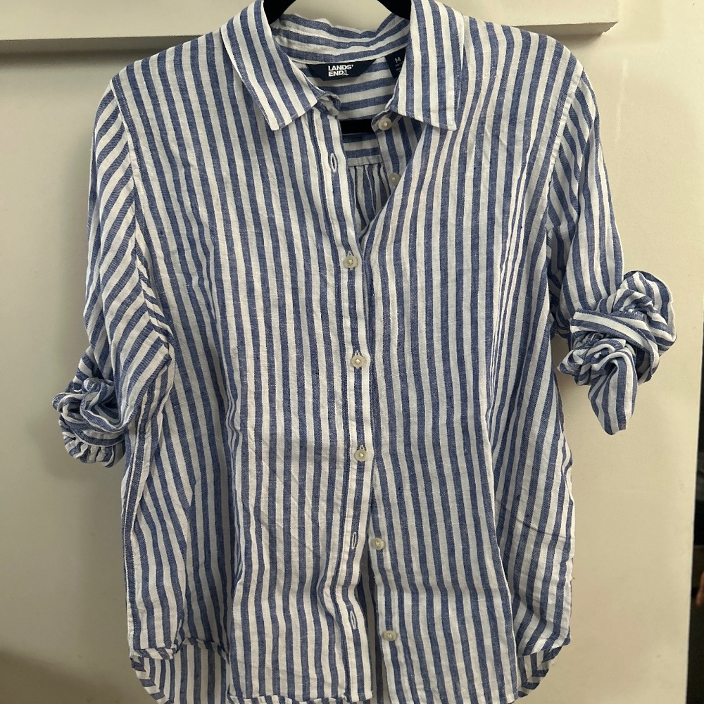 Women's Linen Stripe Long Sleeve Feminine Button Down Shirt